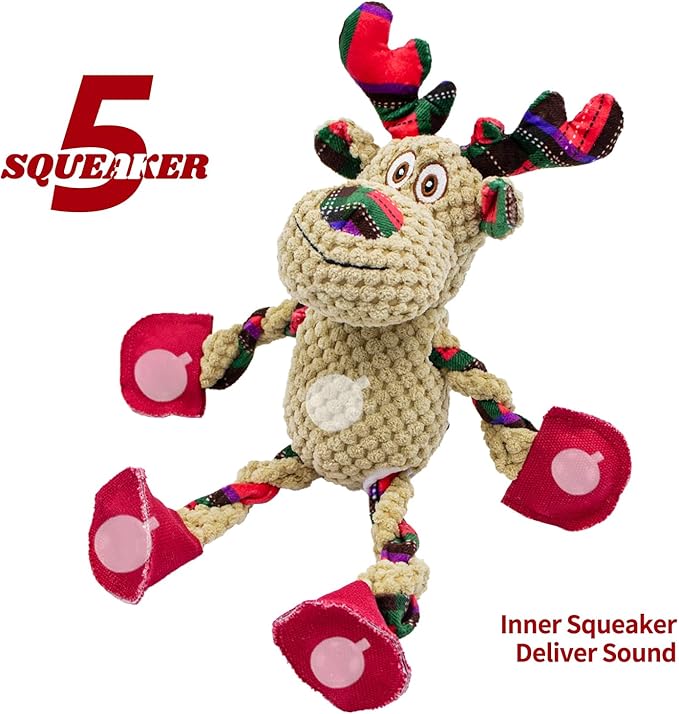 Christmas Squeaky Dog Toys- Interactive Plush Toys with 5 Squeakers- Stuffed Dog Toys for Medium & Large Breeds- Reducing Boredom and Relieving Anxiety (Elk)