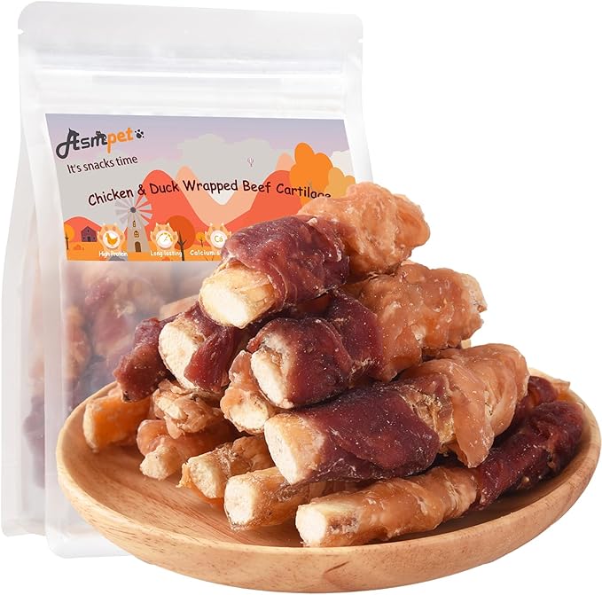 ASMPET Dog Treats Bones, Chicken & Duck Wrapped Beef Cartilage, Rawhide Free & Grain Free Dog Snacks