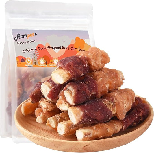 ASMPET Dog Treats Bones, Chicken & Duck Wrapped Beef Cartilage, Rawhide Free & Grain Free Dog Snacks