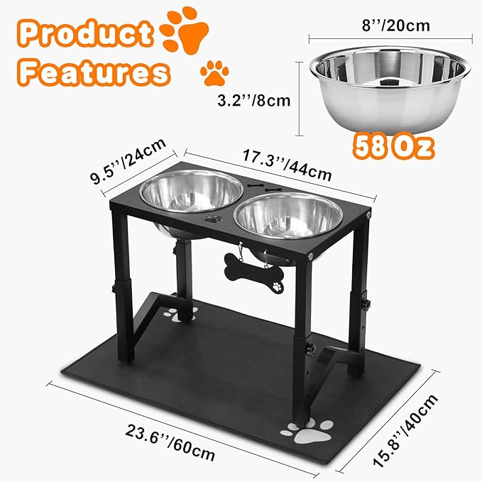 Elevated Dog Bowls, 3 Height Adjustable Metal Raised Bowl Stand with 2 Thick Stainless Steel Food Bowls & Spill-Proof Mat, Adjusts to 14.2'', 12.2'', 10.2'' for Large/Medium Breeds