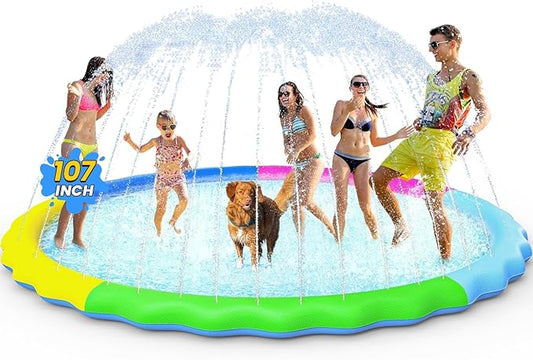 VISTOP Non-Slip Splash Pad for Kids and Dog, Thicken Sprinkler Pool Summer Outdoor Water Toys - Fun Backyard Fountain Play Mat for Baby Girls Boys Children or Pet Dog (107 Inch, Red&Yellow&Green&Blue)