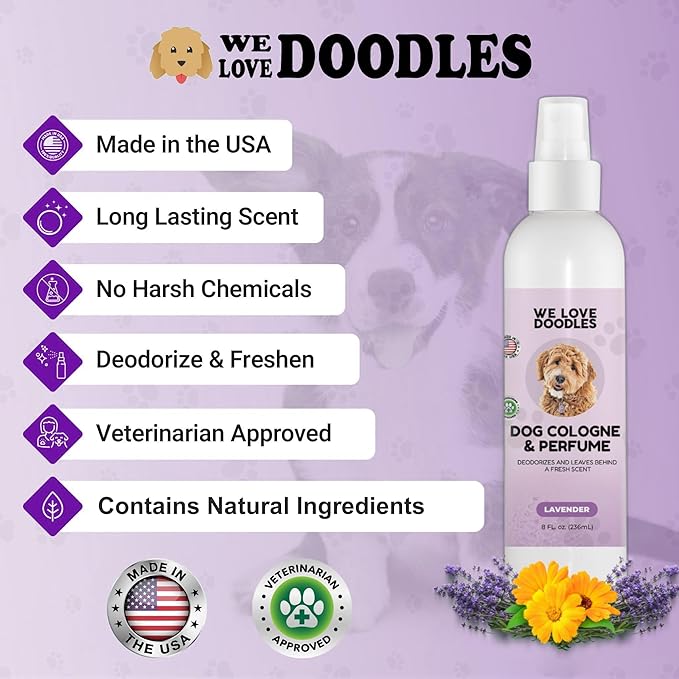 We Love Doodles Dog Cologne & Perfume, Deodorizing, Safe Ingredients, Made In USA, Long Lasting After Bath, Deodorant For Smelly Dogs, Pawfume For Pets, Odor Eliminator Spray, Lavender, 8 OZ