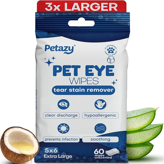 Pet Eye Wipes for Dogs & Cats | 5x6” Hypoallergenic Tear Stain Remover Wipes | 3X Larger Unscented Gentle Eye Wipes to Remove Discharge | 99% Natural Ing. Safe for Sensitive Pets | 60 Wipes