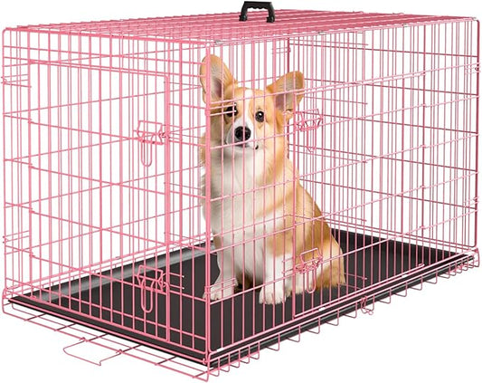 PayLessHere Large Dog Crate Kennel for Medium Large Dogs 30 inches Metal Dog Cage Double-Door Folding Travel Indoor Outdoor Puppy Playpen with Divider and Handle Plastic Tray,Pink