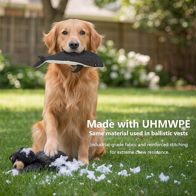 Tough Dog Toy for Aggressive Chewers, Durable UHMWPE Fabric Chew Toy with Squeaky, Plush Companion for Small Medium Large Dogs - Dolphin