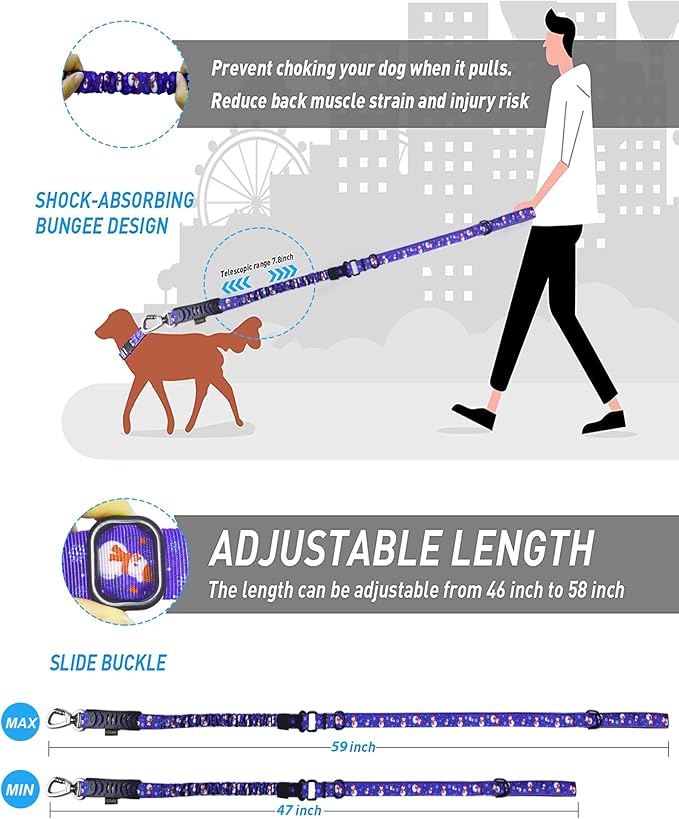 Hotsky Tactical Dog Leash Heavy Duty for Medium Large Dogs That Pull,4-6Ft Strong Bungee Shock Absorbing No Pull Dog Leash with Padded Double Handle and Car Seatbelt,Snowman