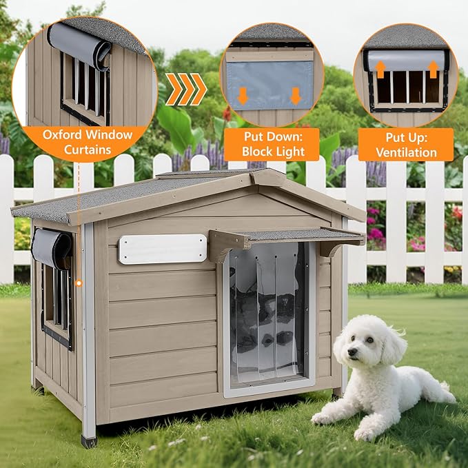 Dog House Indoor Outdoor with Chew-Proof Frame, Weatherproof Dog Kennel Puppy Shelter with Openable Asphalt Roof, Window, Easy to Clean for Small to Medium Dogs (30.1" L*18.3" W*24" H)