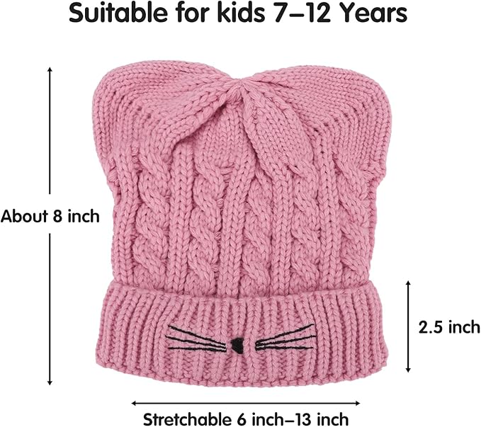 Kids Girls Cat Ear Hat Winter Warm Knit Beanie Cute Ski Skull Cap for Ages 7-12