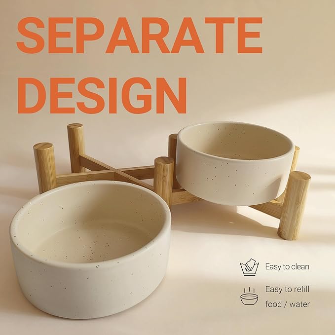Elevated Dog Bowl & Cat Dish 27oz – Raised Ceramic Pet Food and Water Bowls with Bamboo Stand, Feeding Station for Small & Medium Pets, Prevents Neck Strain – Durable, Premium Quality by Homish