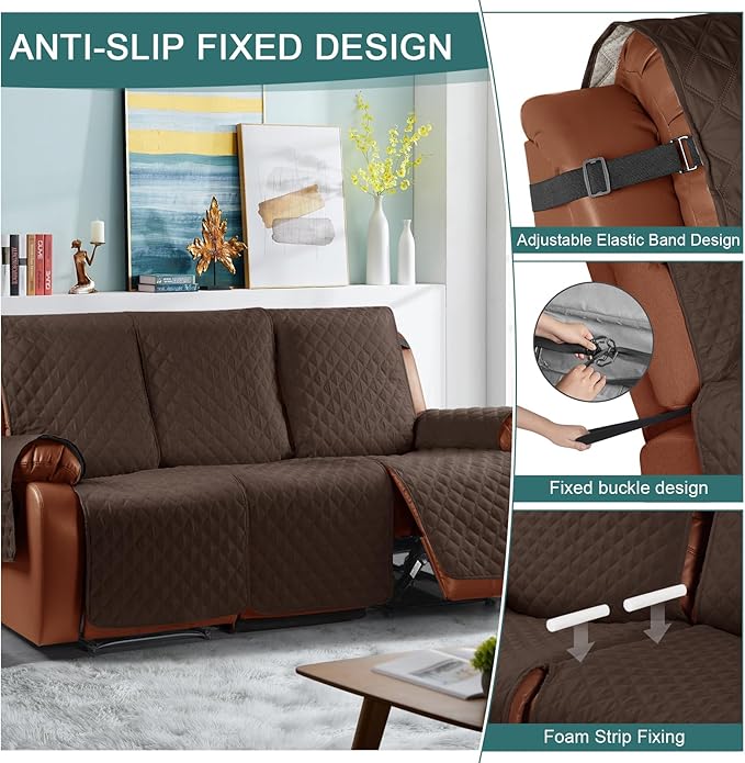 Ruaozz Waterproof Recliner Sofa Cover 1-Piece Couch Covers for Reclining Couches Reclining Sofa Cover Washable Furniture Protector with Elastic Straps Pocket for Kids, Pets (Dark Brown, 3 Seater)