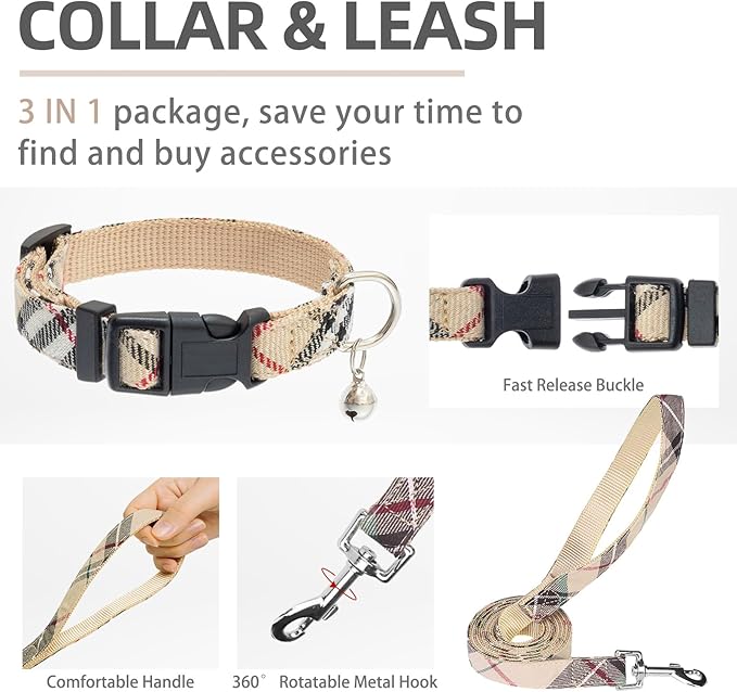 PUPTECK Adjustable Dog Harness Collar and Leash Set Step in No Pull Pet Harness for Small Medium Dogs Puppy and Cats Outdoor Walking Running, Soft Mesh Padded Reflective Vest Harnesses, Beige XS