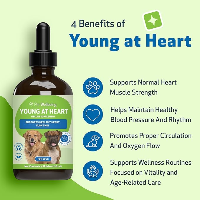 Pet Wellbeing Young at Heart for Dogs - Senior Heart Health Support, Cardiovascular Wellness & Vitality - NASC Certified & Vet-Formulated - 4 oz Liquid Formula