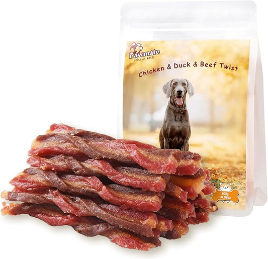 Triple Flavored Dog Treats Chicken, Duck & Beef Twists, Healthy Low Fat Dog Jerky Chews, High Protein Training Treats Snacks for Small Medium Large Breed, 10.6 oz