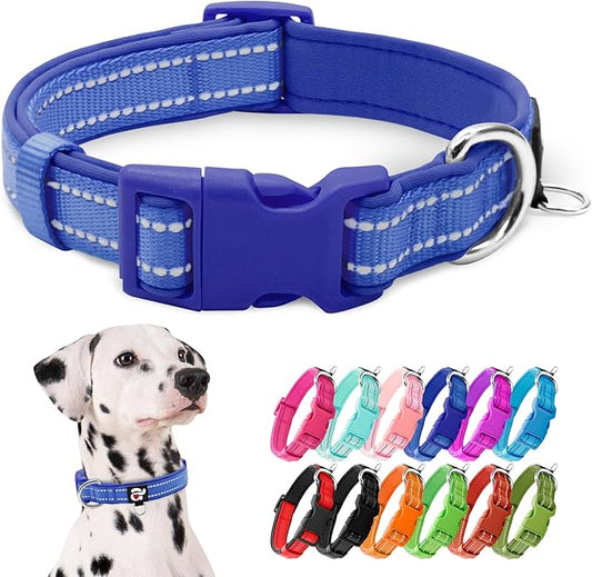 azuza Reflective Dog Collar,Soft Neoprene Padded Pet Collar with ID Tag Ring,Adjustable for Large Dogs,Royal Blue,L