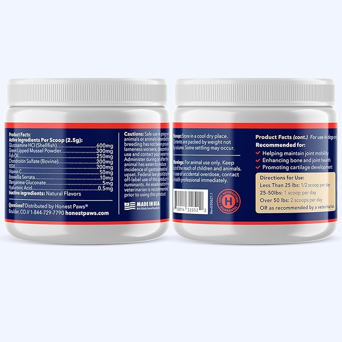 Honest Paws Glucosamine for Dogs – Joint & Mobility Supplement Powder with Green Lipped Mussel, Fish Oil & MSM – Supports Hip & Joint Health, Support Stiffness, Dog Supplies