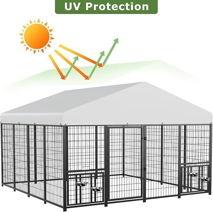 ROOMTEC Large Dog Kennel Outdoor Pet Pens Dogs Run with 4 Bowls (10' L x 10' W x 6.5'H)