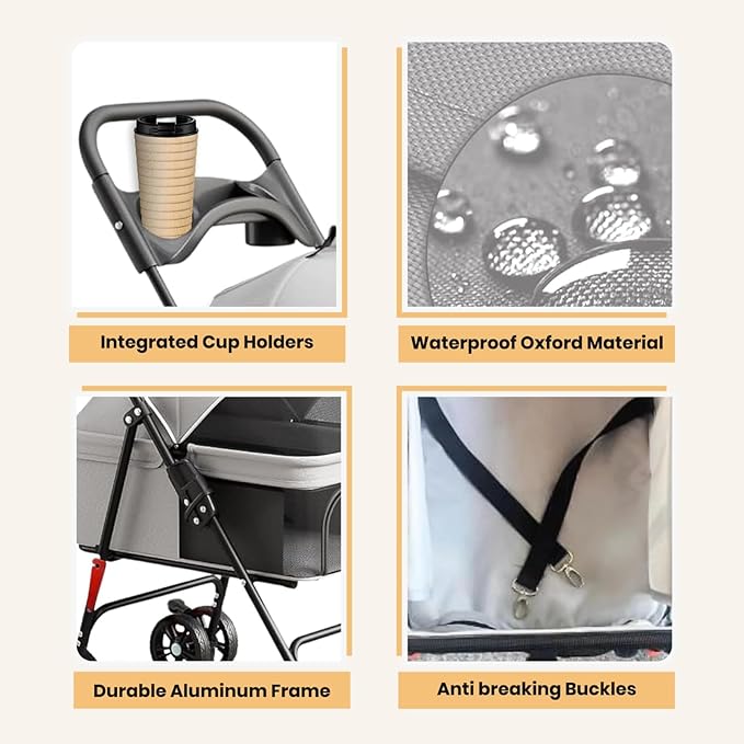 4 Wheel Foldable Pet Stroller - Lightweight Dogs and Cats Stroller Upto 44lbs with Mesh Canopy, Storage Basket and Cup Holder, Durable for Walks and Outings (Small)