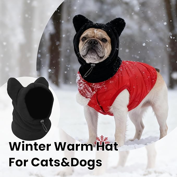 Warm Hooded Hat for Dogs & Cats, Autumn/Winter Wool Pet Headwear with Cute Ears, Adjustable Pet Scarf for Cold Days, Soft Neck Warmer for Small/Medium/Large Pets (Black, Small)