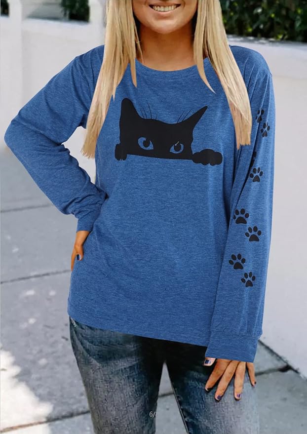 JINTING Cat Shirts for Women - Loose Fit Lightweight Long Sleeve Graphic Tee Fall Printed Crewneck Blouse Casual Tops