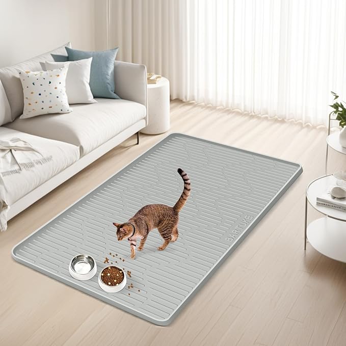 Silicone Cat & Dog Food Mat, 40"x 28" Extra Large Pet Feeding Mat for Cats and Dogs Bowl, Pet Placemat for Food and Water with Raised Edge, Waterproof, Leakproof (Grey)