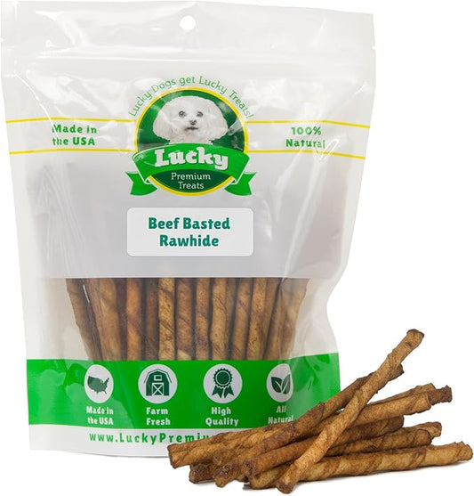 Beef Basted Rawhide Twist Sticks Dog Treats – 25ct. Premium Rawhide Chew Sticks – Long Lasting Beef Flavored Chews for Small Dogs Made in USA with Natural Beefhide