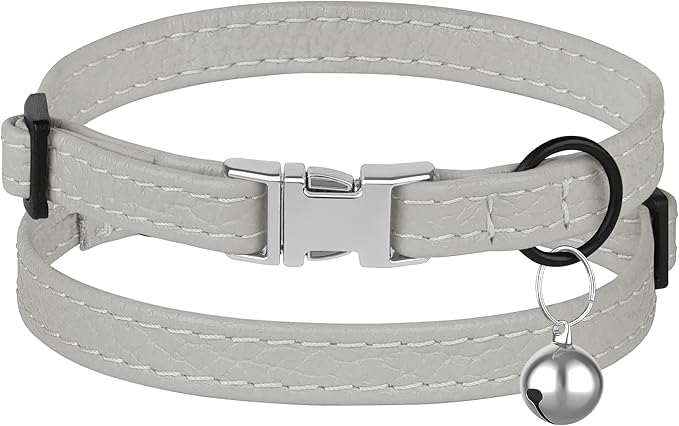 Leather Cat Collar with Buckle and Removable Bell - Non Breakaway Adjustable Soft Safety Small Pet Collars for Girl Boy Cats Kitten (Gray)