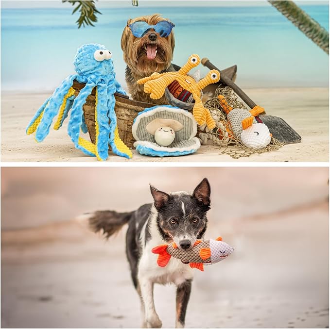Nocciola Fish Salmon Crinkle Squeaky Dog Toys for Aggressive Chewers, Durable Stuffed Plush Rope Tug Puppy Toy for Small, Medium Large Dogs, Ocean Beach Summer, Dog Birthday Gifts