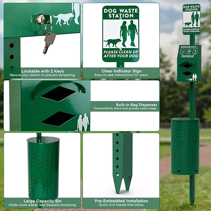 Dog Waste Station - Durable Dog Poop Trash Can Outside with 10-Gallon Capacity, Poop Bag Dispenser, and Convenient Lid, Pet Waste Station for Easy Clean-Up in Parks, Yards, and Public Spaces