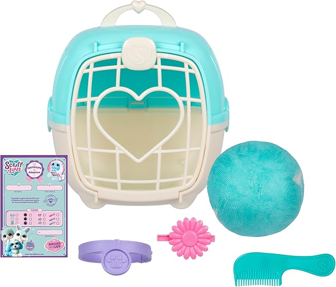SCRUFFALUVS Blue Surprise Pet, Mystery Plush Toys, Stuffed Animals, Wash to Reveal 1 of 3 Rescue Pets: Puppy, Bunny, or Kitty - Includes 8.7" Deluxe Pet Carrier - Styles May Vary