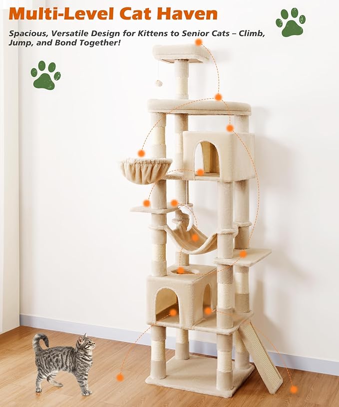 AMHANCIBLE Heavy Duty Cat Tree for Indoor Cats Large Adult 20 lbs+, 83 Inch Multi-Level Tall Cat Tower with Scratching Post and Board, Hammock, Condos, Hanging Basket, Beige, PT21BG