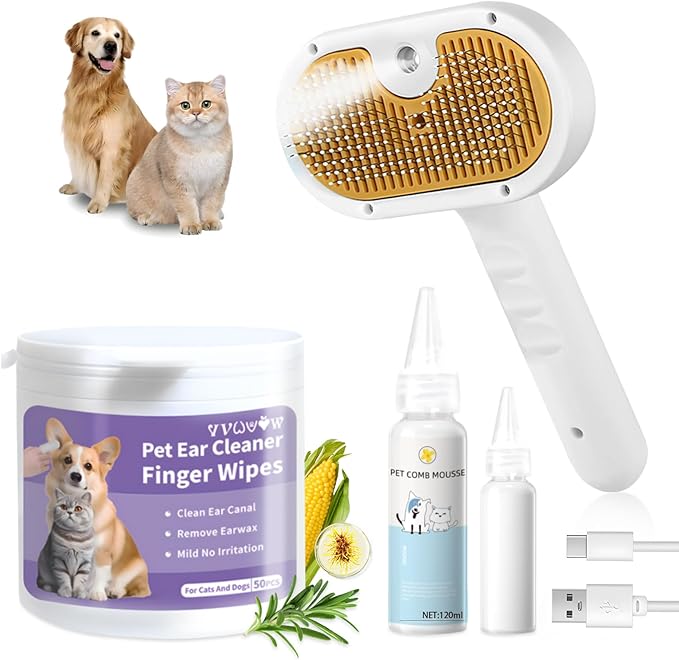 Pet Steam Brush for Dog & Cat – 3-in-1 Spray Hair Removal Comb – Steam for Shedding & Grooming – Water Brush for Long & Short Haired Pets – Spritz Defur Comb