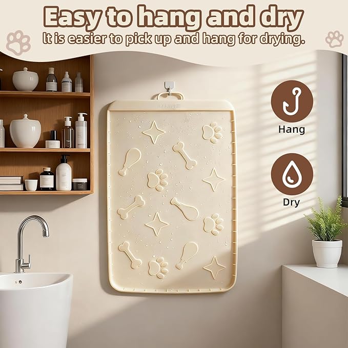 Silicone Cat Litter Mat with Collection Pocket, 42" x 28" Large Cat Litter Box Mat Waterproof Anti-Slip Litter Trapping Mat with Edge and Handle Pet Placemat for Floors (Beige)