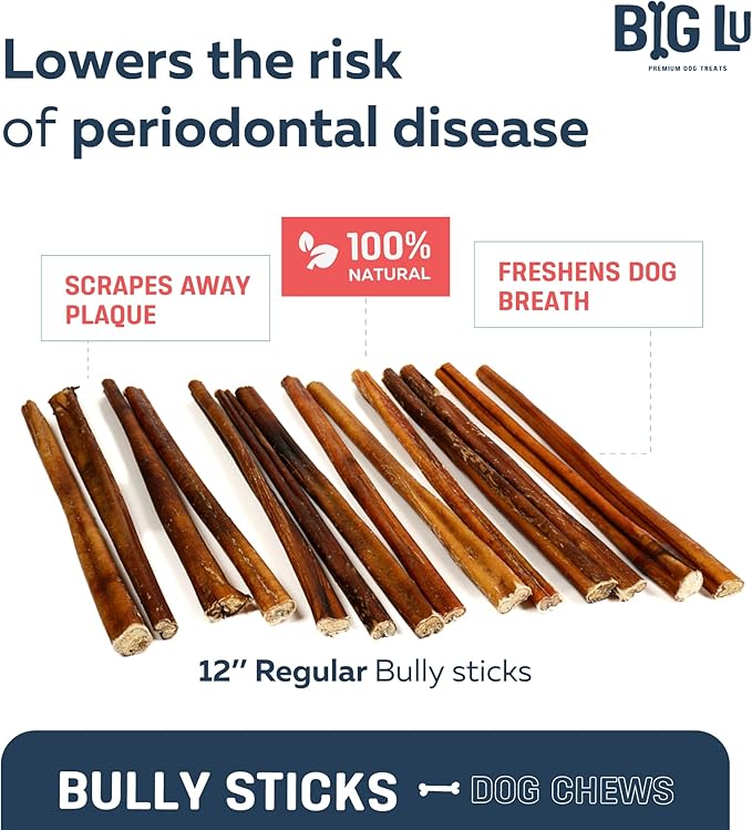 Big Lu - 12” Regular Bully Sticks, 12 Count, 100% Grass-Fed Beef Chews, Fully Digestible, Long-Lasting Treats for Aggressive Chewers, Natural Single-Ingredient Chews for Large Dogs