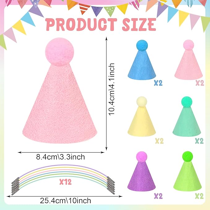 12pcs Mini Party Hats for Stuffed Animals, Macaron Hats Party for Dolls Dog Cat Rabbit Puppies Birthday Party Cone Hats Photo Prop