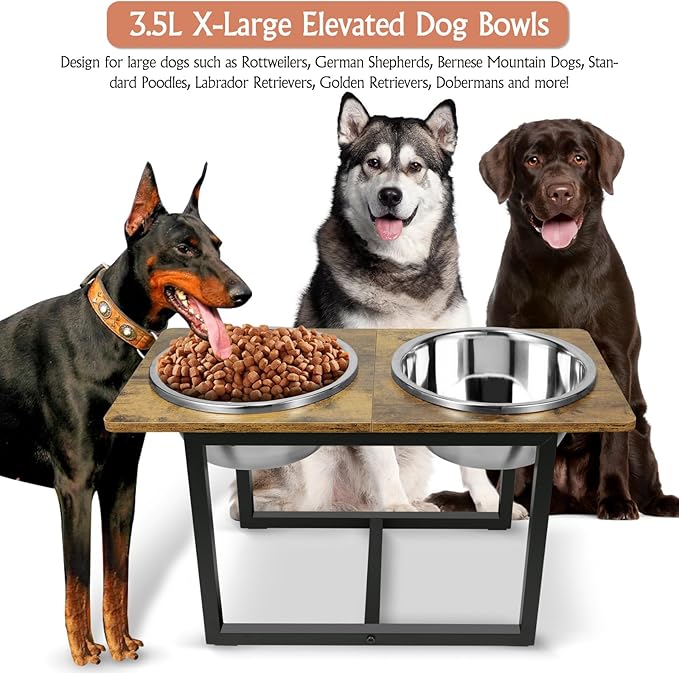 Elevated Dog Bowls for Large Dogs, Raised Dog Bowl Stand with Two X-Large Stainless Steel Bowls for Dogs, 3.5L Capacity, Rustic Brown