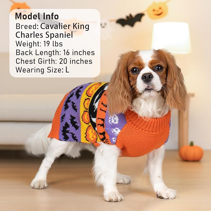 KYEESE Halloween Dog Sweater for Small Dogs Pumpkin and Ghost Patterned Knit Apparel with Turtleneck and Leash Hole Sweater Warm and Cozy Fall Costume Stretchable Winter Dog Apparel, Large