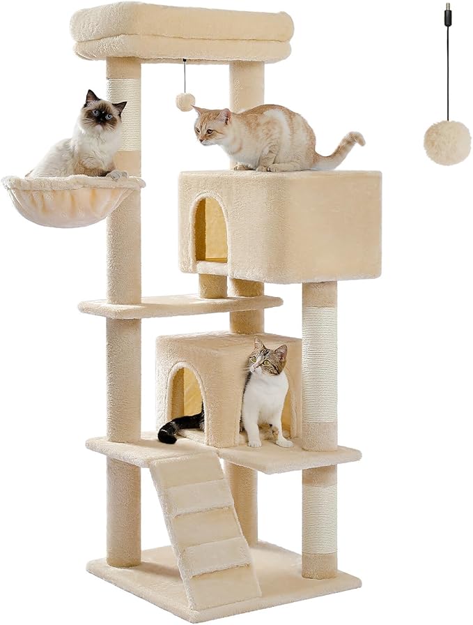 Cat Tree for Indoor Cats, 2 Cozy Condos with Spacious Top Perch, 56.3-Inch Multi-Level Cat Tower with Scratching Posts, 2 Caves, Plush Hammock and Climbing Ramp, Beige