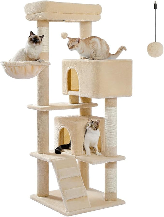 Cat Tree for Indoor Cats, 2 Cozy Condos with Spacious Top Perch, 56.3-Inch Multi-Level Cat Tower with Scratching Posts, 2 Caves, Plush Hammock and Climbing Ramp, Beige