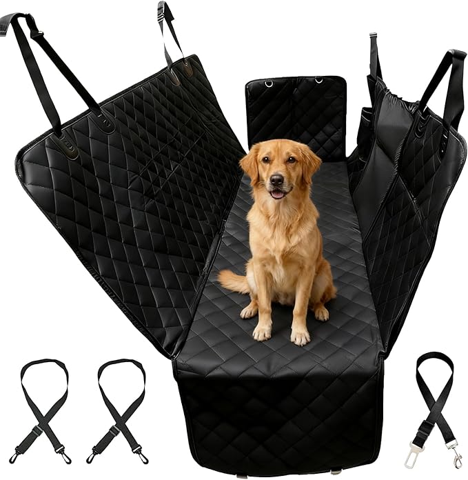 Dog Car Seat Cover for Pets Back Seat Cover for Dogs Hammock Nonslip Scratchproof Backseat Pet Protector Mat with Mesh Visual Window & Pockets for Cars Trucks SUVs -Black
