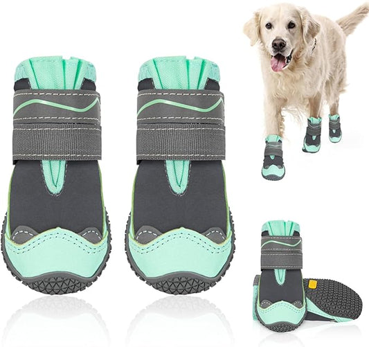 SlowTon Dog Shoes for Large Small Medium Dogs - Waterproof Dog Boots for Summer Hot Pavement, Paw Protector for Outdoor Walking Winter Snow, Anti-Slip Rubber Dog Booties for Hardwood Floor (Green, 6)