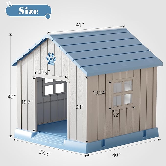 Dog House Outdoor Indoor - Waterproof, Ventilated, Easy to Clean, Elevated Floor for Small-Large Dogs, Easy to Assemble (Blue, 37.2" L x 40" W x 40" H)