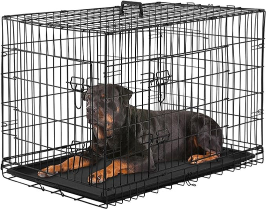 PayLessHere Large Dog Crate Kennel for Medium Large Dogs Metal Dog Cage Double-Door Folding Travel Indoor Outdoor Puppy Playpen with Divider and Handle Plastic Tray (42 Inch, Black)