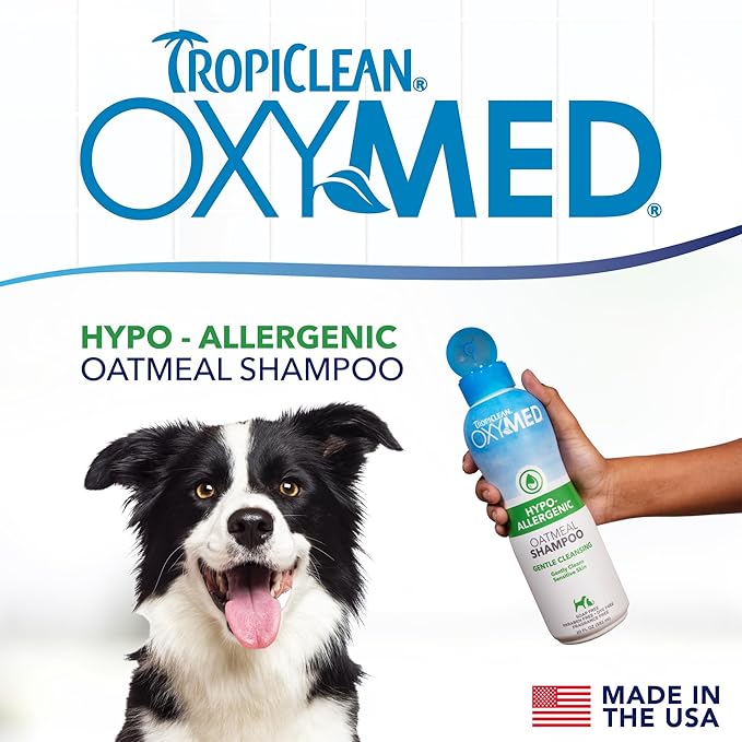 TropiClean OxyMed Hypoallergenic Dog Shampoo for Allergies and Itching, Skin Soothing Shampoo for Pets with Sensitive Skin, Tearless, Cat Safe, 20oz.
