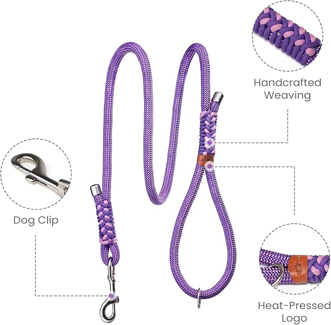 Heavy Duty Dog Leash- 6 FT Handmade Rope with Rotating Metal Clip, No Pull Training Slip Lead Comfortable for The Strong Large Medium Pets (Heavy Duty Dog Leash (Purple), 6 FT Dog Leash)