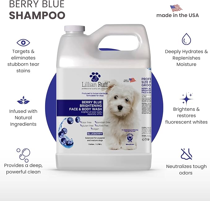 Lillian Ruff PRO Formula Berry Blue Brightening Pet Shampoo - Ultra-Hydrating Professional Whitening Dog Shampoo, Vivid Show-Quality Coat Enhancer, Tear Stain & Odor Eliminator, Vitamin B5, 128oz+Pump
