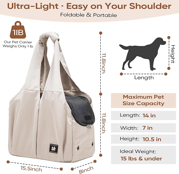 Dog Purse Carrier for Small Dogs, Cats, and Puppies – Soft-Sided Travel Pet Tote Bag with 4 Large Pockets, Foldable, Lightweight, Fits Pets up to 15 lbs, for Travel, Outings (Beige)