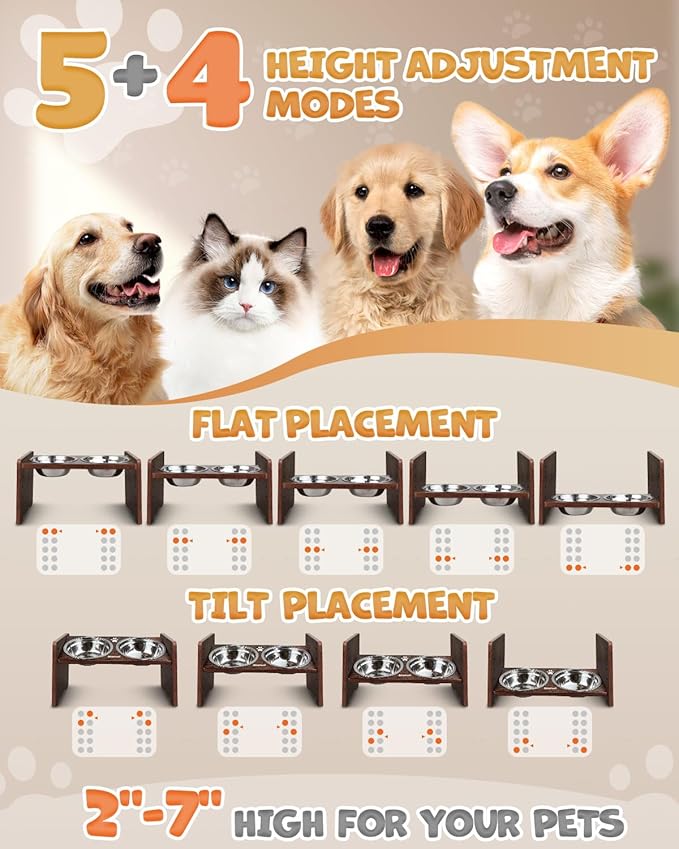 Elevated Dog Bowls, Adjustable Raised Dog Bowl Stand for Small Size Dogs and Cats, Durable Bamboo Dogs Feeder with 2 Stainless Steel Bowls and Non-Slip Feet, Pet Food Bowl for Small Sizes