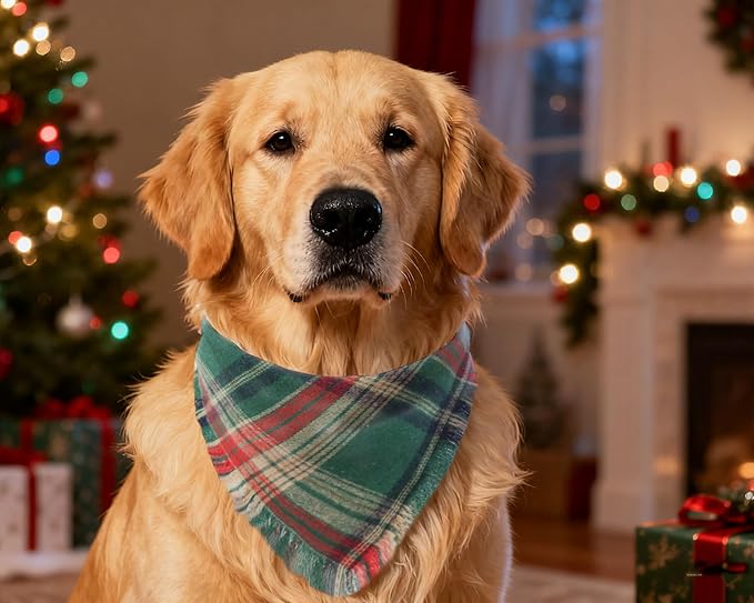 2PCS Christmas Dog Bandanas Plaid Two-Sided with Tassels,Holiday Scarf,Stylish Triangle Dog Outfit for Boy and Girl,Winter Christmas Classic Red-Green Plaid Pet Scarf for Medium to Large Dogs