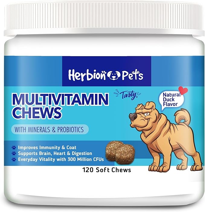 HERBION Pets Multivitamin Chews with Minerals & Probiotics, Improves Immunity & Coat, Supports Digestion, Brain & Heart Health, Delicious Natural Duck Flavor, Dog Supplements & Vitamins, Pack of 1