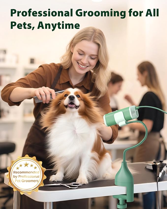 L&W BROS. 2-in-1 Pet Hair Dryer with Clamp Stand – Wearable & Hands Free Dog Grooming Dryer, 950W Low Noise Blower with 5 Heat & 3 Speed Settings, for Small to Medium Pets (Green)